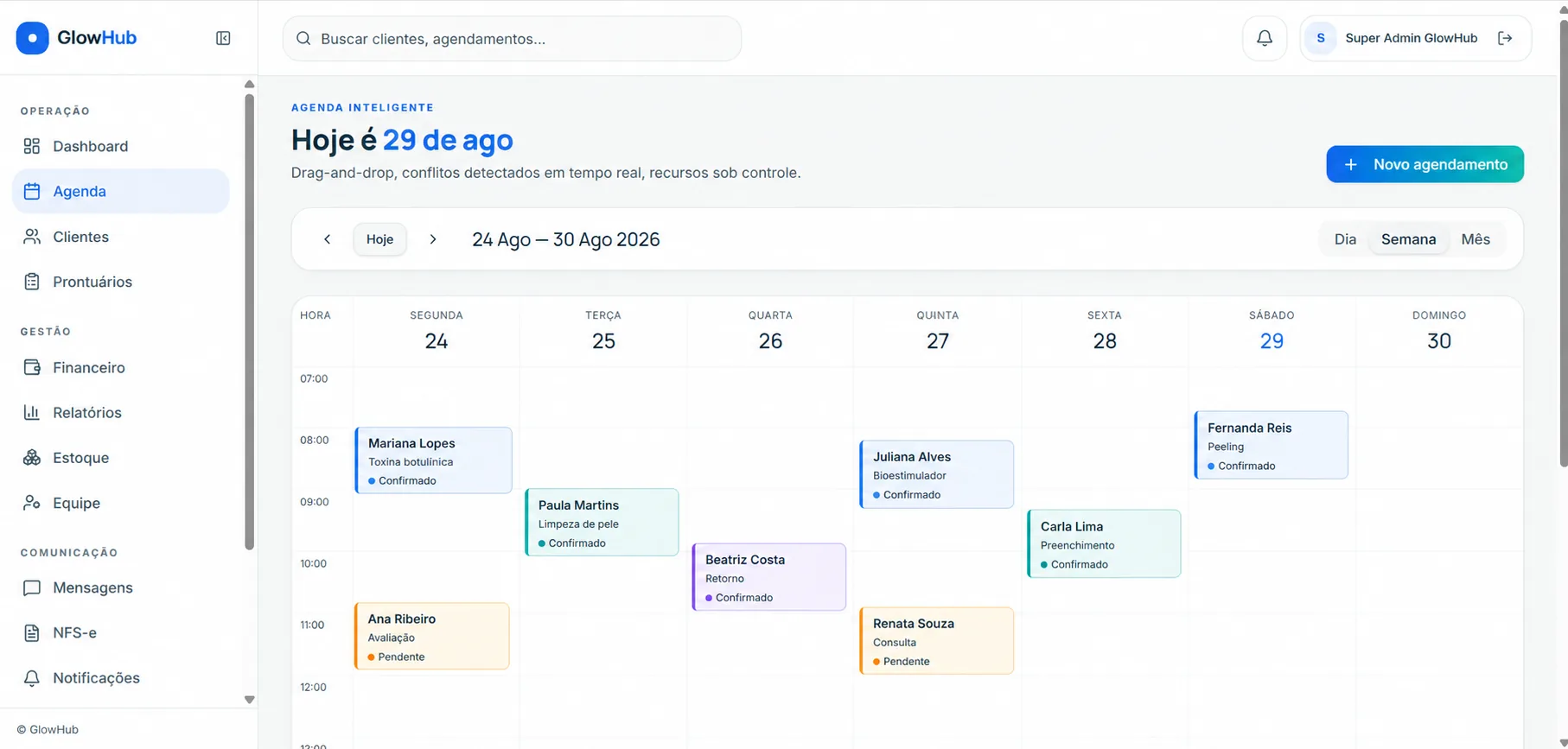Agenda semanal do GlowHub com horários, profissionais, procedimentos e status de confirmação