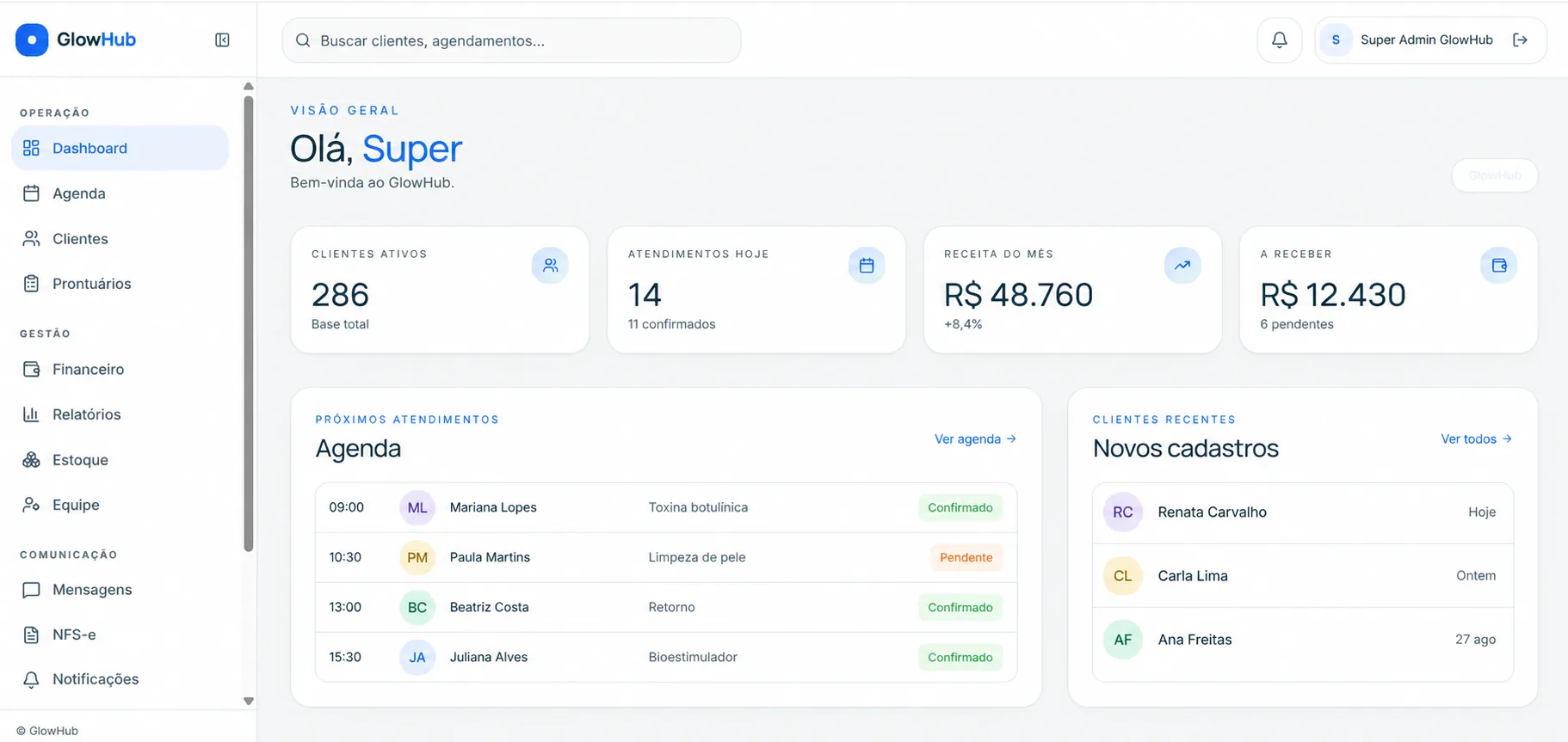Dashboard do GlowHub com clientes ativos, atendimentos do dia, receita do mês, próximos atendimentos e clientes recentes